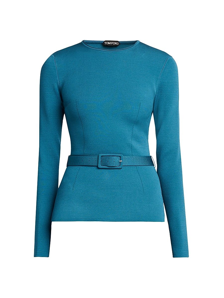 Women's Knit Belted Long-Sleeve Top - Deep Teal - Size Large