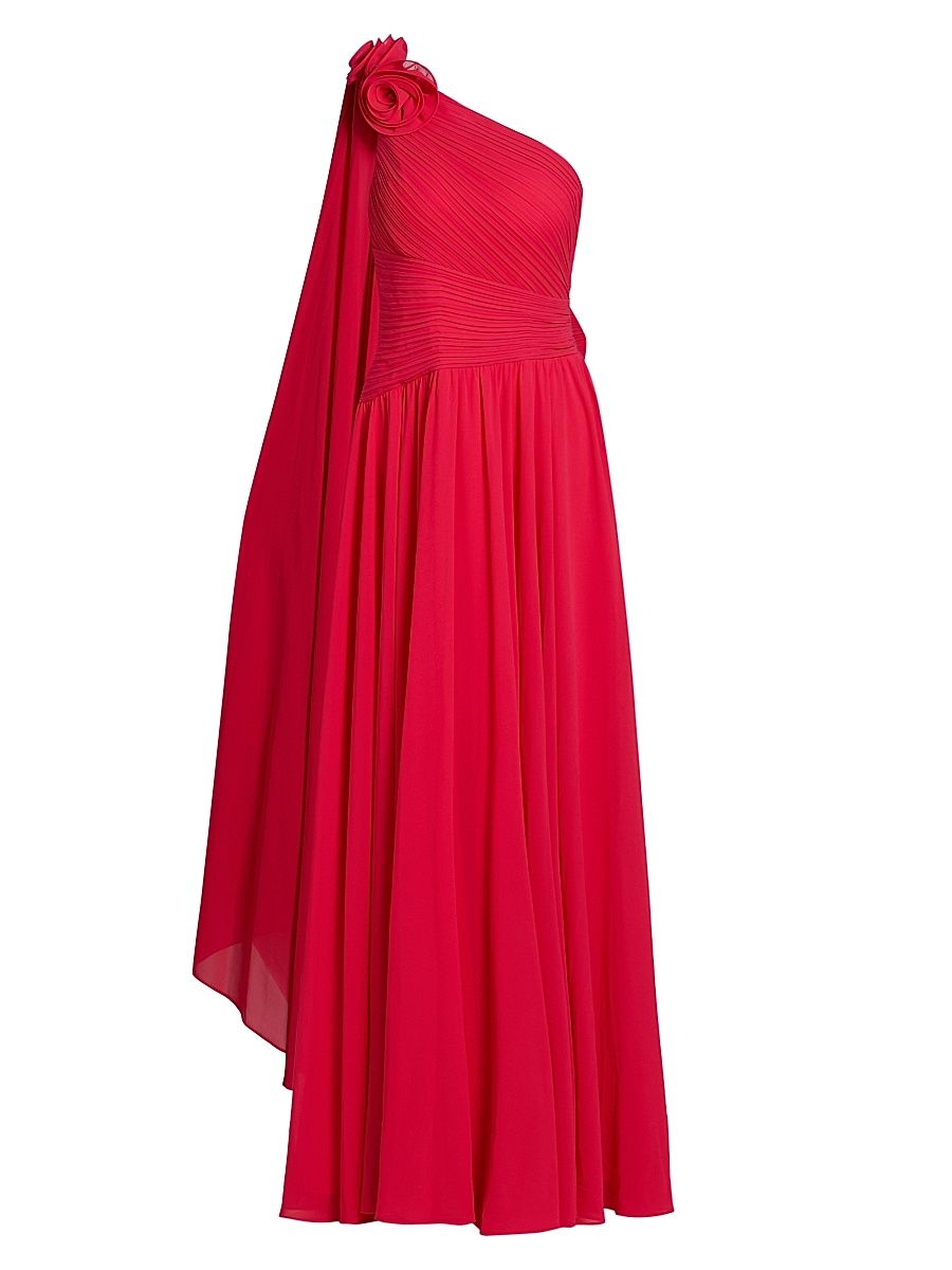 Women's Pleated Chiffon One-Shoulder Gown - Fuchsia - Size 2