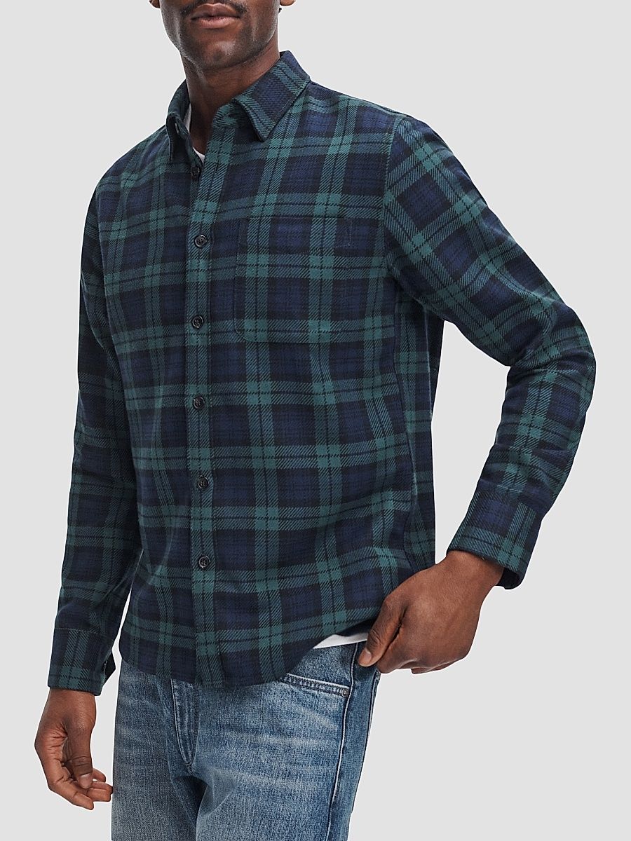 Men's Plaid Cotton Flannel Shirt Jacket - Blue Green - Size Large