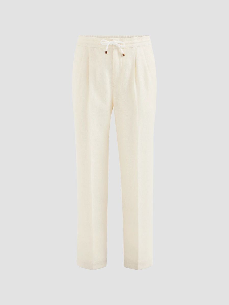Brunello Cucinelli Men's Silk, Linen and Wool Hopsack Drawstring Trousers - Off White - Size 48