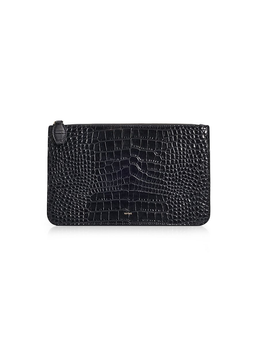 Women's Threefold Croc-Embossed Leather Clutch - Dark Green
