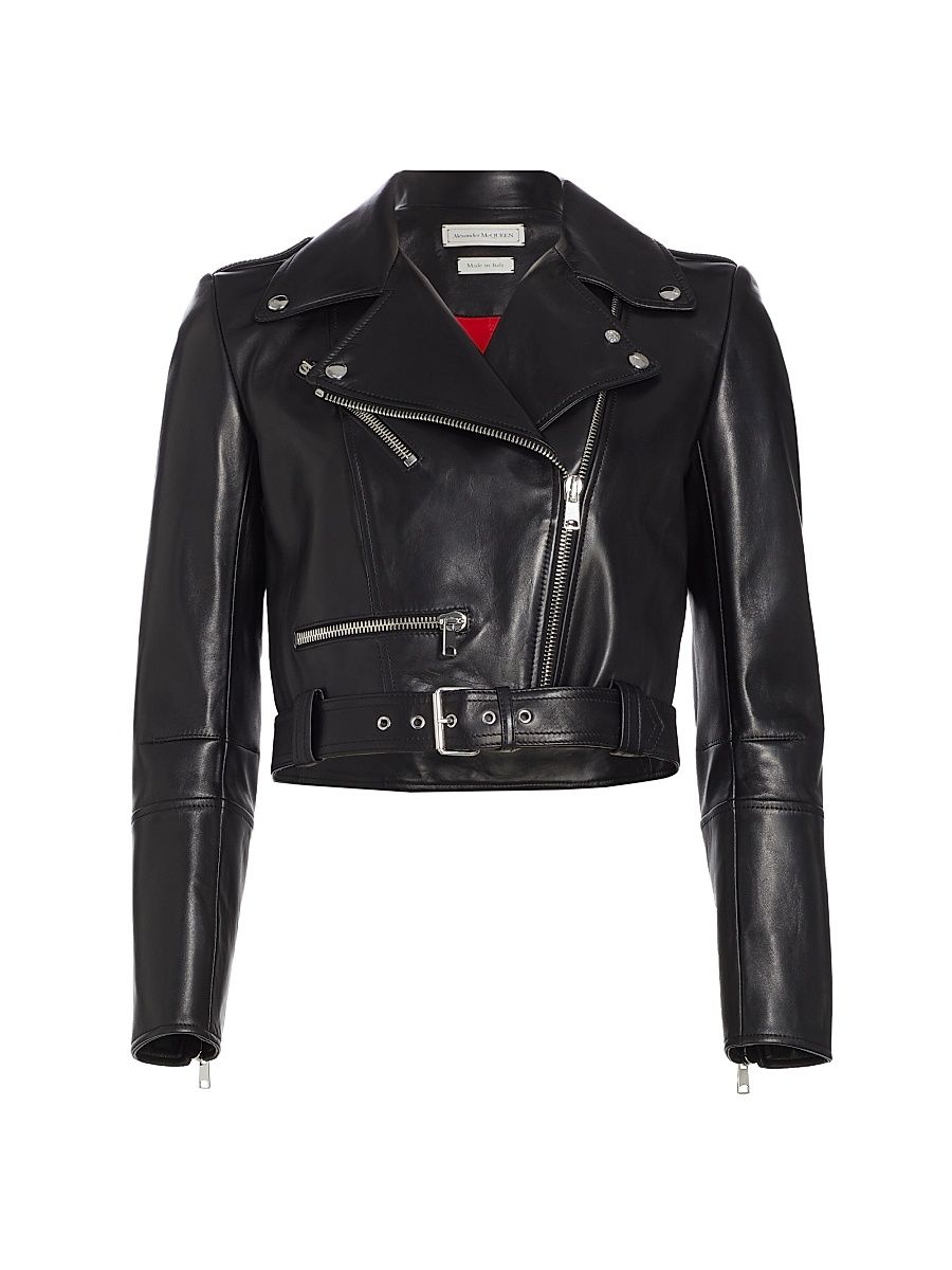 Women's Leather Crop Biker Jacket - Black - Size 0