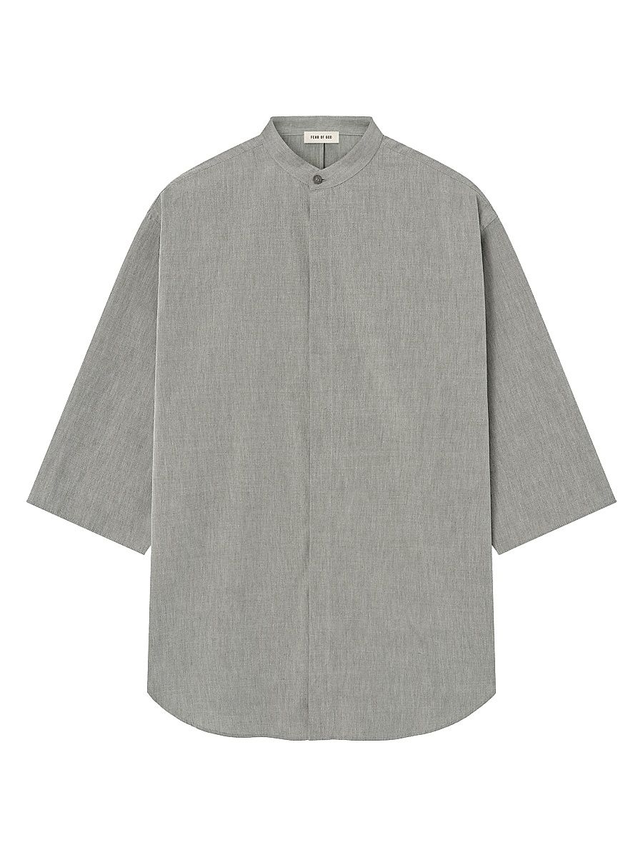 Men's Band-Collar Wool Short-Sleeve Shirt - Flint Chevron - Size XS