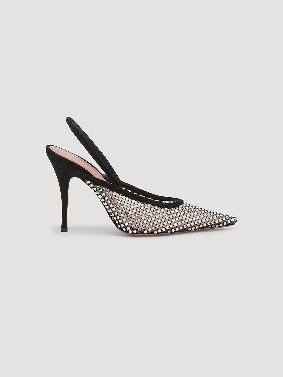 Women's Felicia 100MM Crystal-Embellished Net & Suede Slingback Pumps - Black Suede Net White Crystals - Size 11