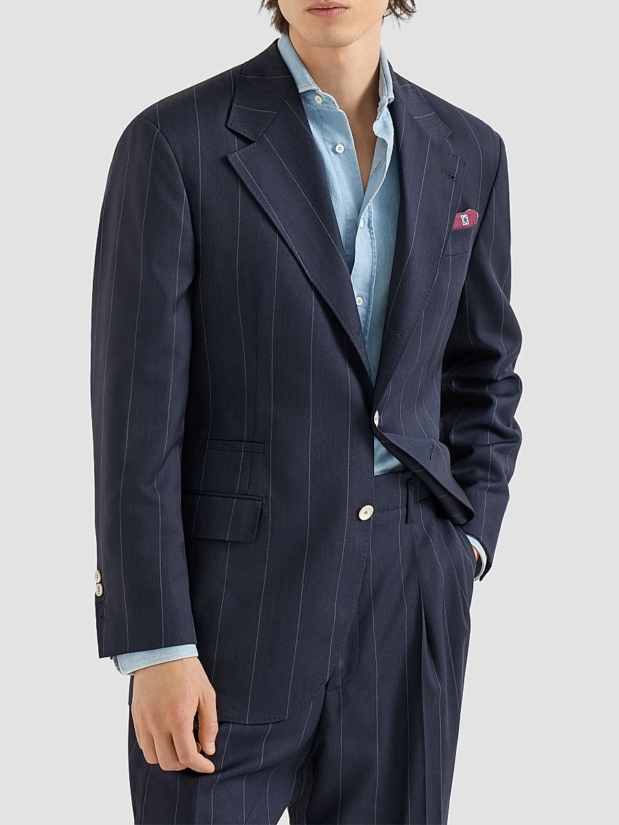 Men's Virgin Wool Chalk Stripe Tailor Blazer - Navy Blue - Size 48