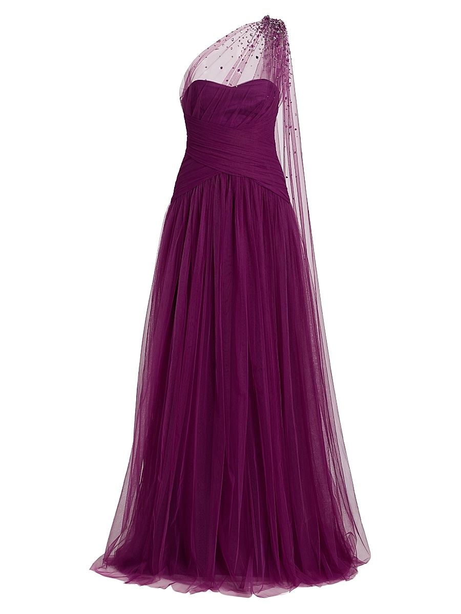 Women's Embellished Tulle One-Shoulder Gown - Magenta - Size 8