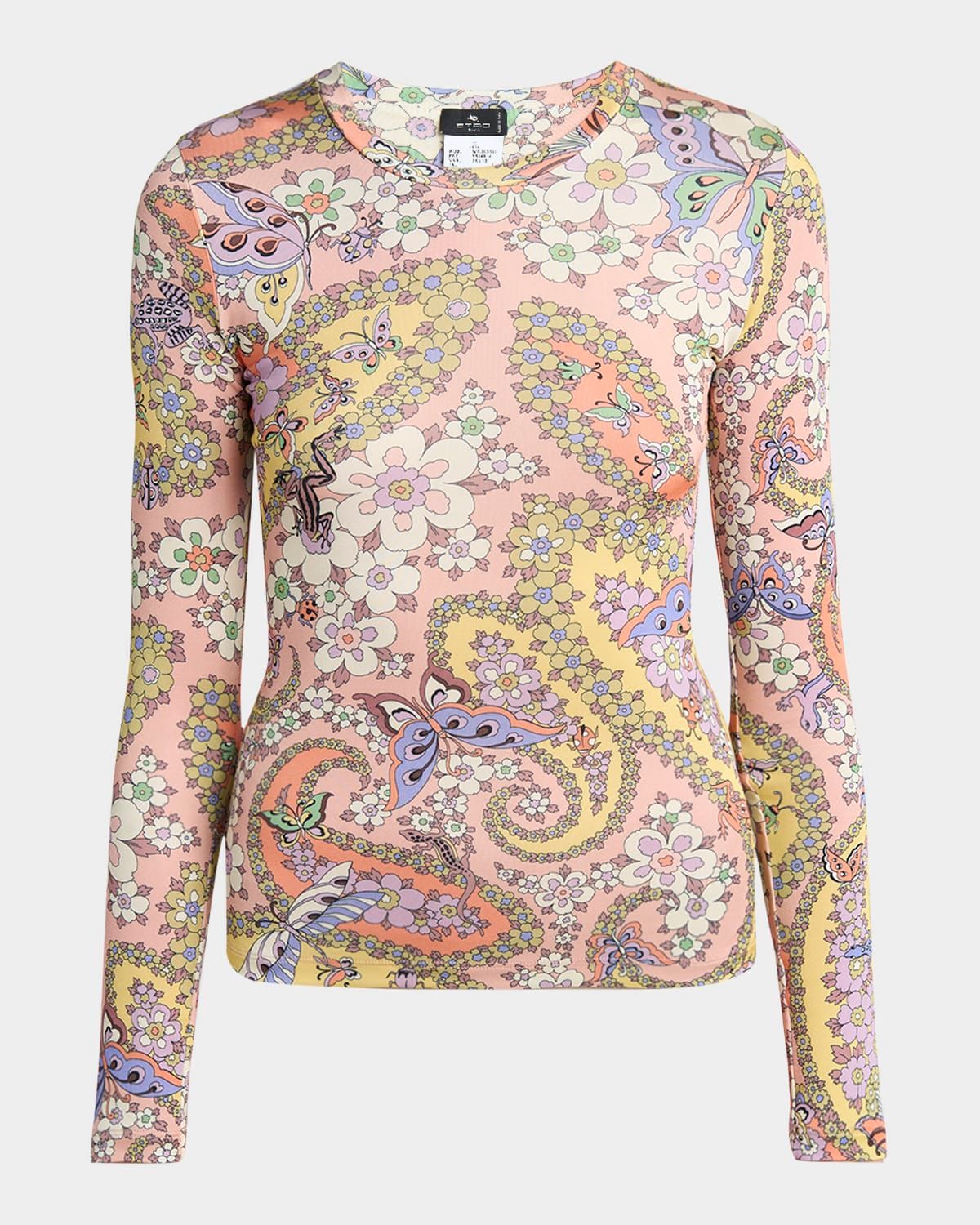 Paisley Foliage-Print Jersey Long-Sleeve Top