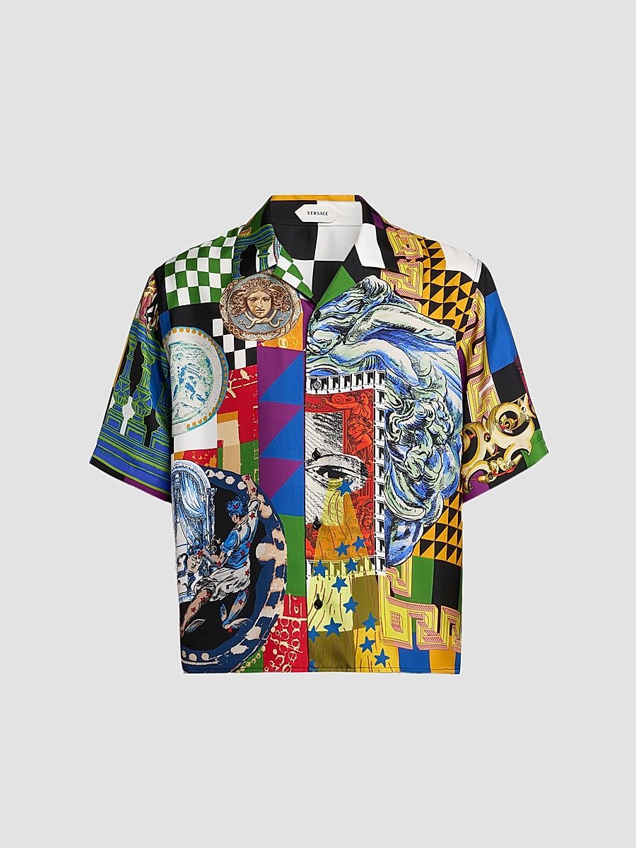 Men's Medusa Collage Silk Twill Camp Shirt - Size 44