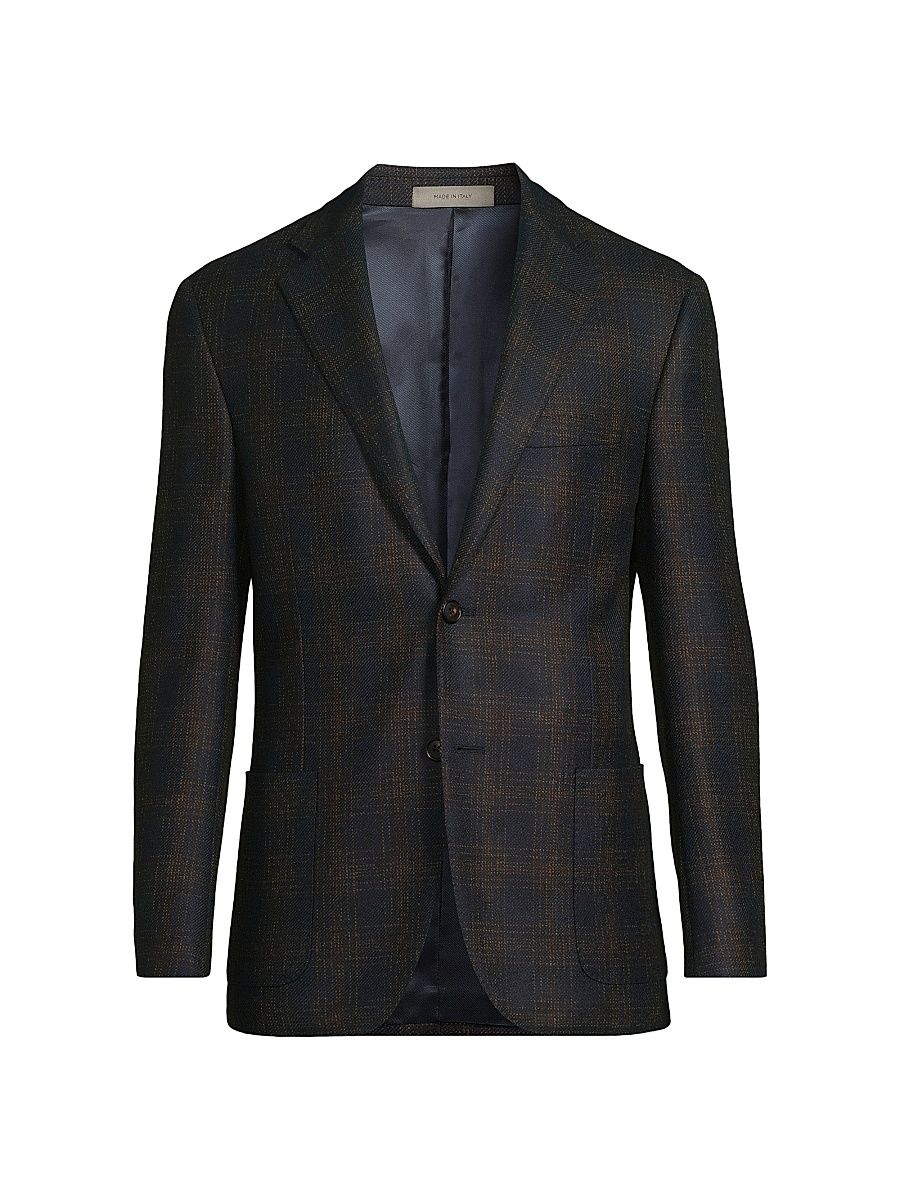 Men's Windowpane Wool Single-Breasted Blazer - Navy Brown - Size 48