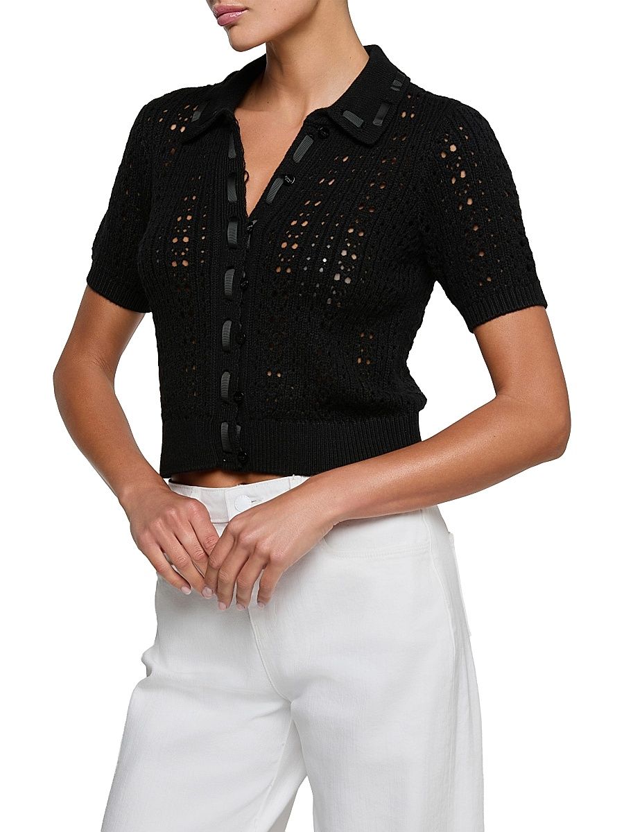 Women's Ninette Grosgrain-Trim Pointelle Cardigan - Black - Size XL