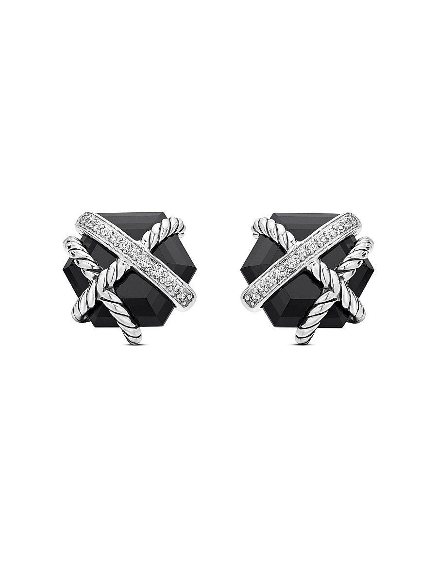 Women's Cable Wrap Stud Earrings in Sterling Silver - Black Onyx