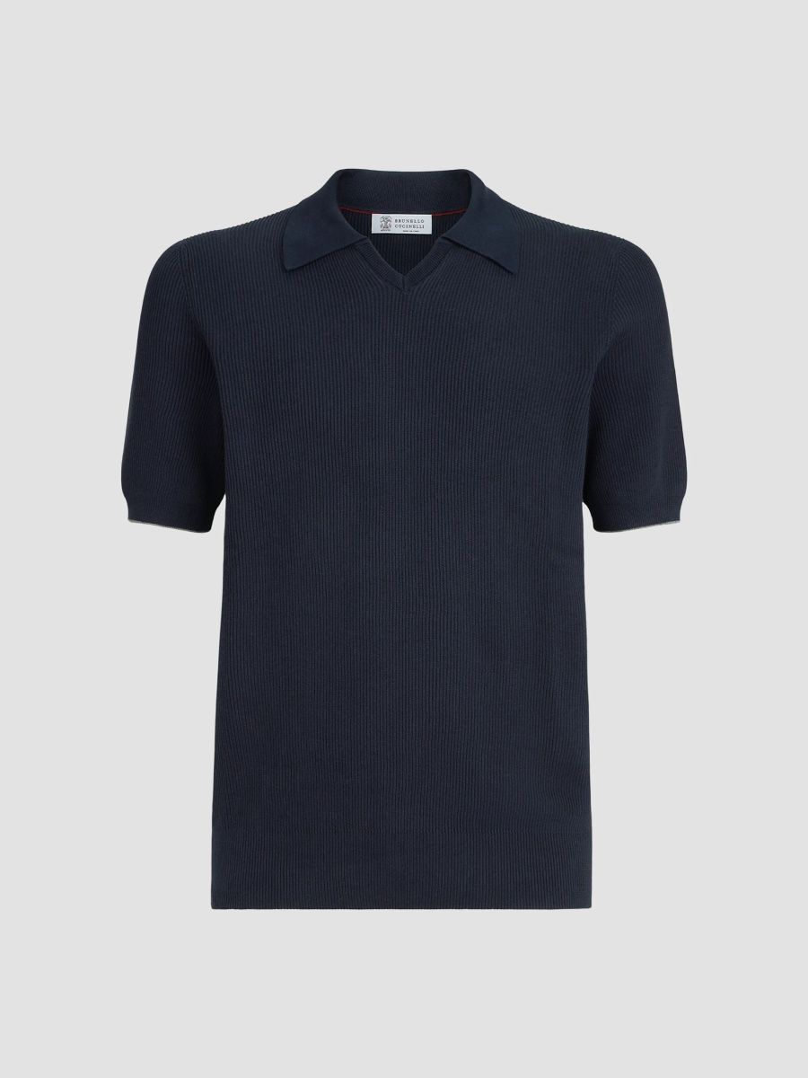 Brunello Cucinelli Men's Cotton English Rib Knit Polo Shirt - Navy Blue - Size 48