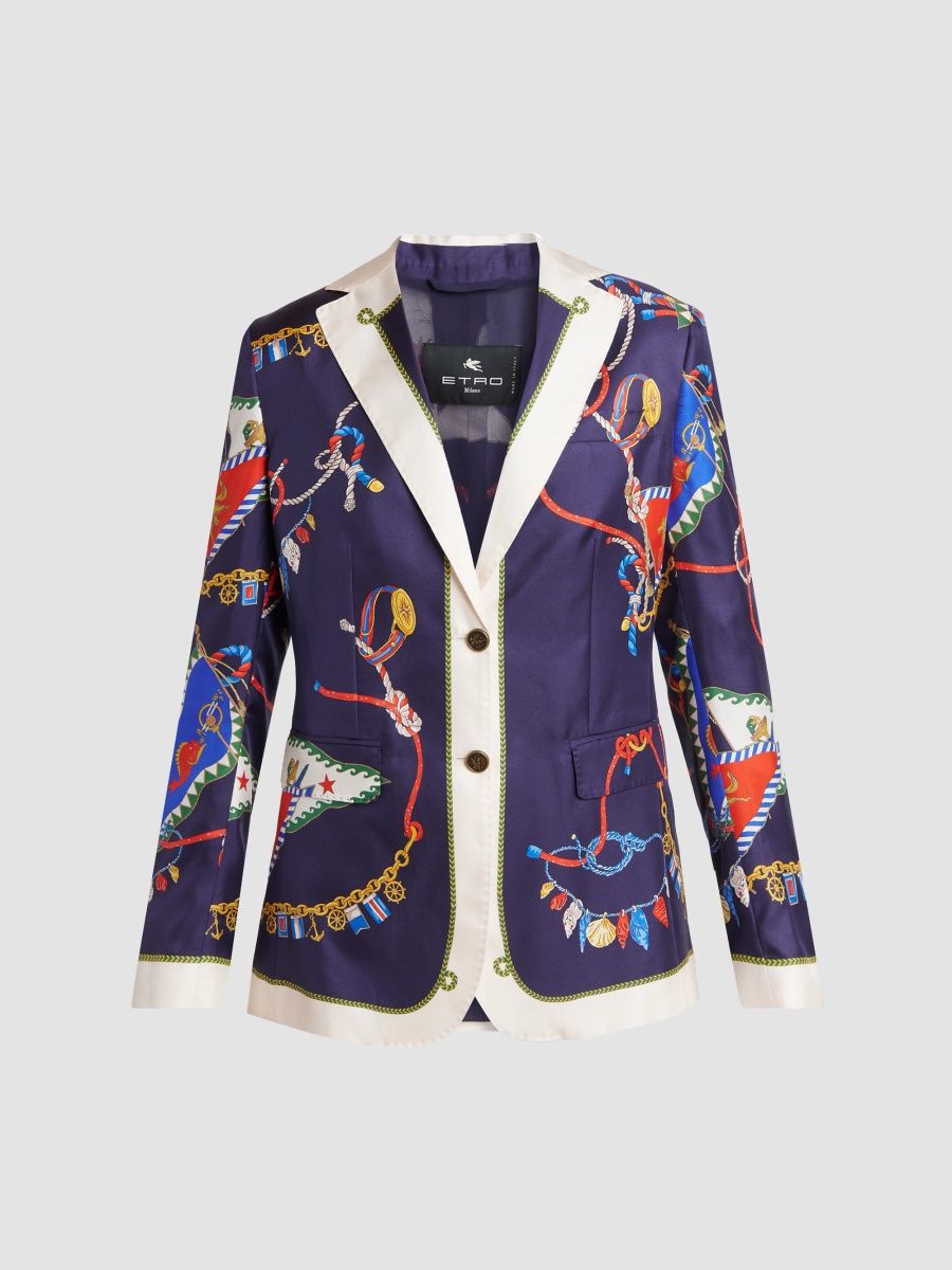 Etro Women's Status Printed Silk Twill Jacket - Print Blue Base - Size 14