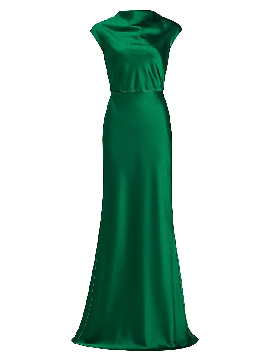 Women's Satin High Cowlneck A-Line Gown - Emerald - Size 16