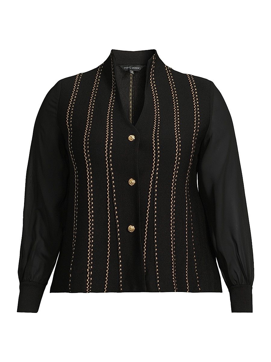 Women's Plus Metallic Knit Button-Front Cardigan - Black Gold - Size 20