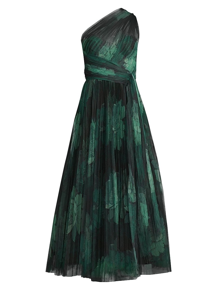 Women's Philippa One-Shouler Tea-Length Gown - Forest Sketched Floral - Size 22