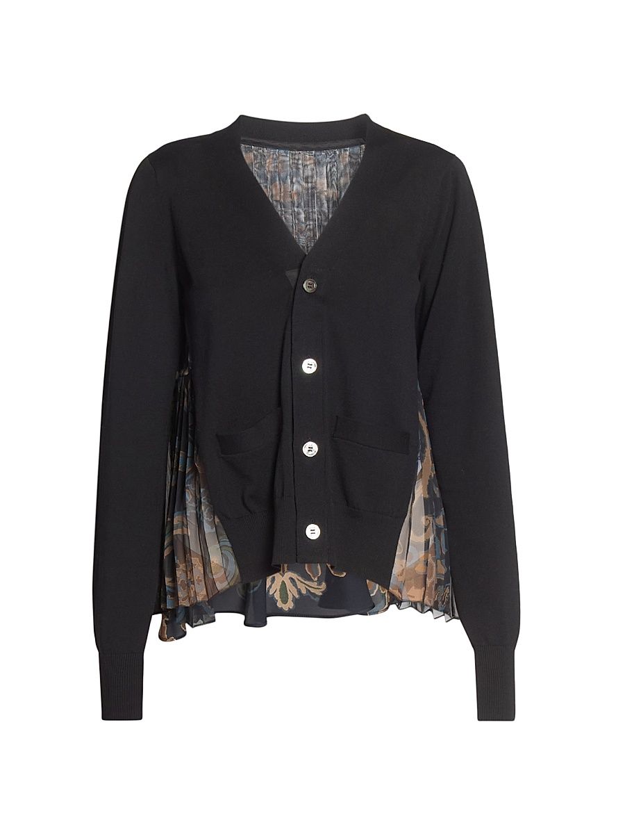 Women's Pleated Floral Cotton-Blend Cardigan - Black Navy - Size XL