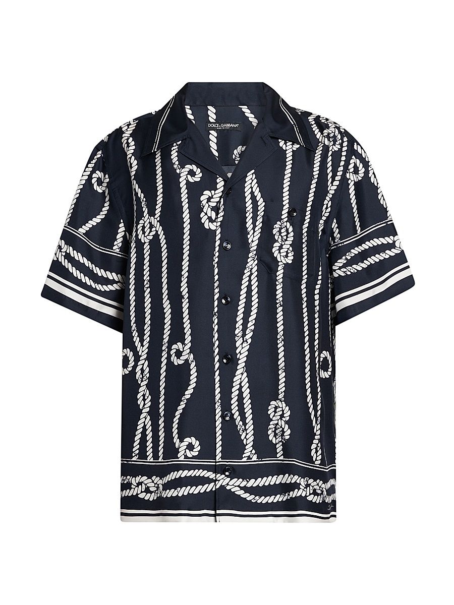 Men's St. Marina Rope-Print Silk Camp Shirt - Corde Blue Navy - Size 32