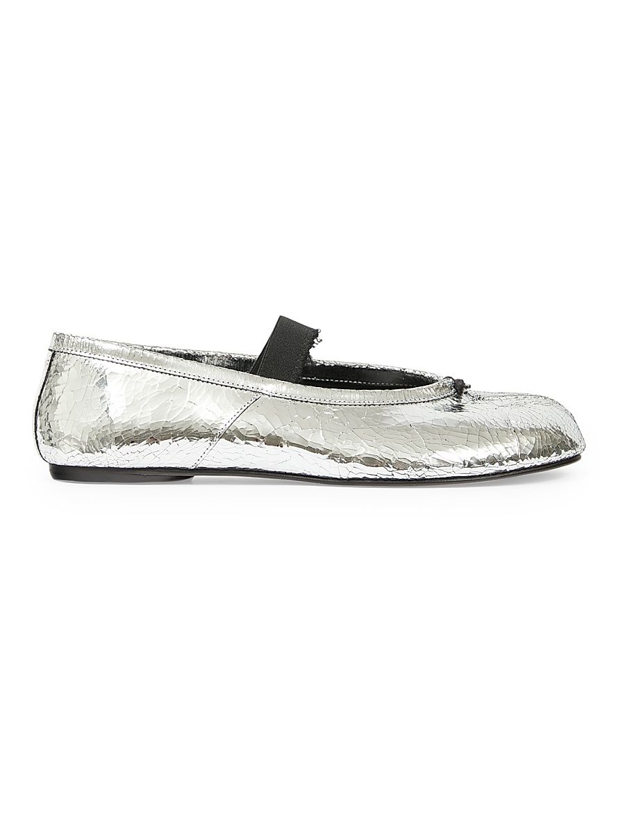 Women's Metallic Leather Ballet Flats - Silver Black - Size 10.5