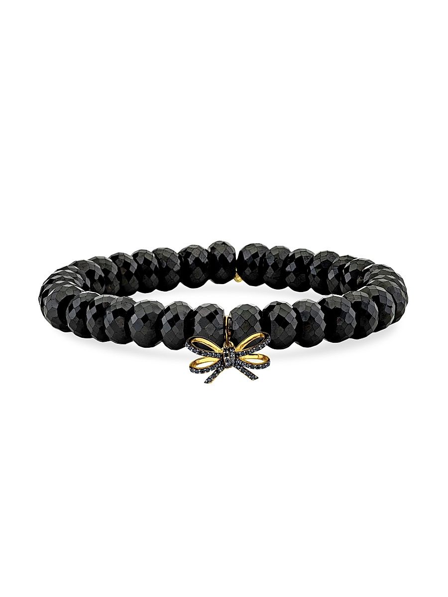 Women's 14K Yellow Gold, Black Spinel & 0.176 TCW Diamond Beaded Stretch Bracelet - Yellow Gold
