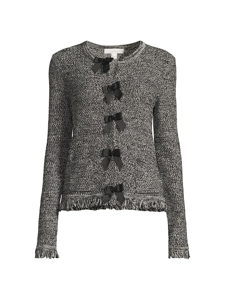 Women's Kelso Bow-Fringe Marled Cotton Cardigan - Black Marl - Size XL