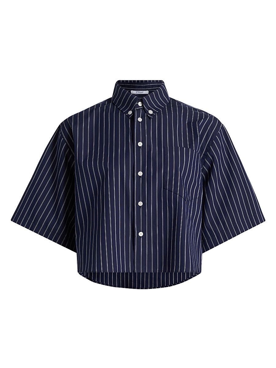 Women's Ember Striped Crop Button-Down Shirt - Dark Navy Stripe - Size XL