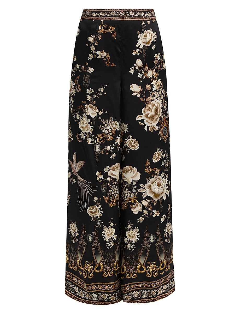 Women's Floral Silk Straight-Leg Relaxed-Fit Trousers - Flamenco Folklore - Size XS