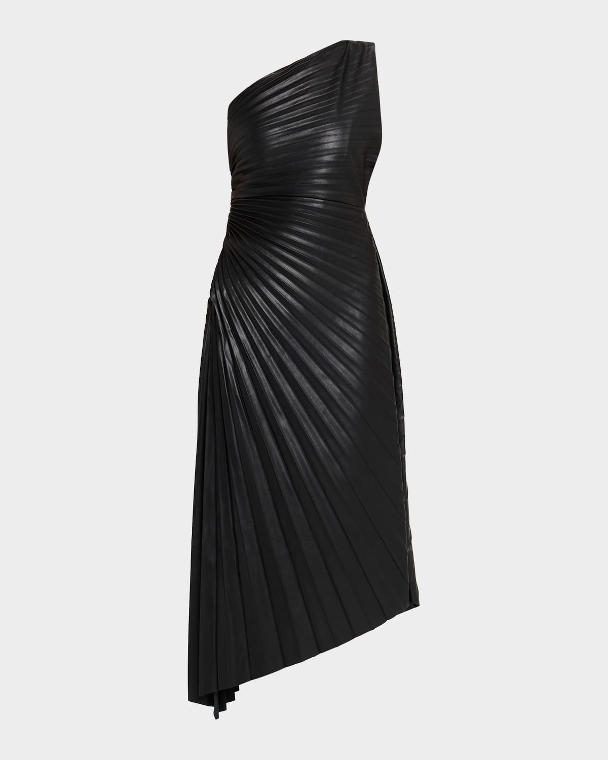 Asymmetric Pleated Faux Leather Midi Dress