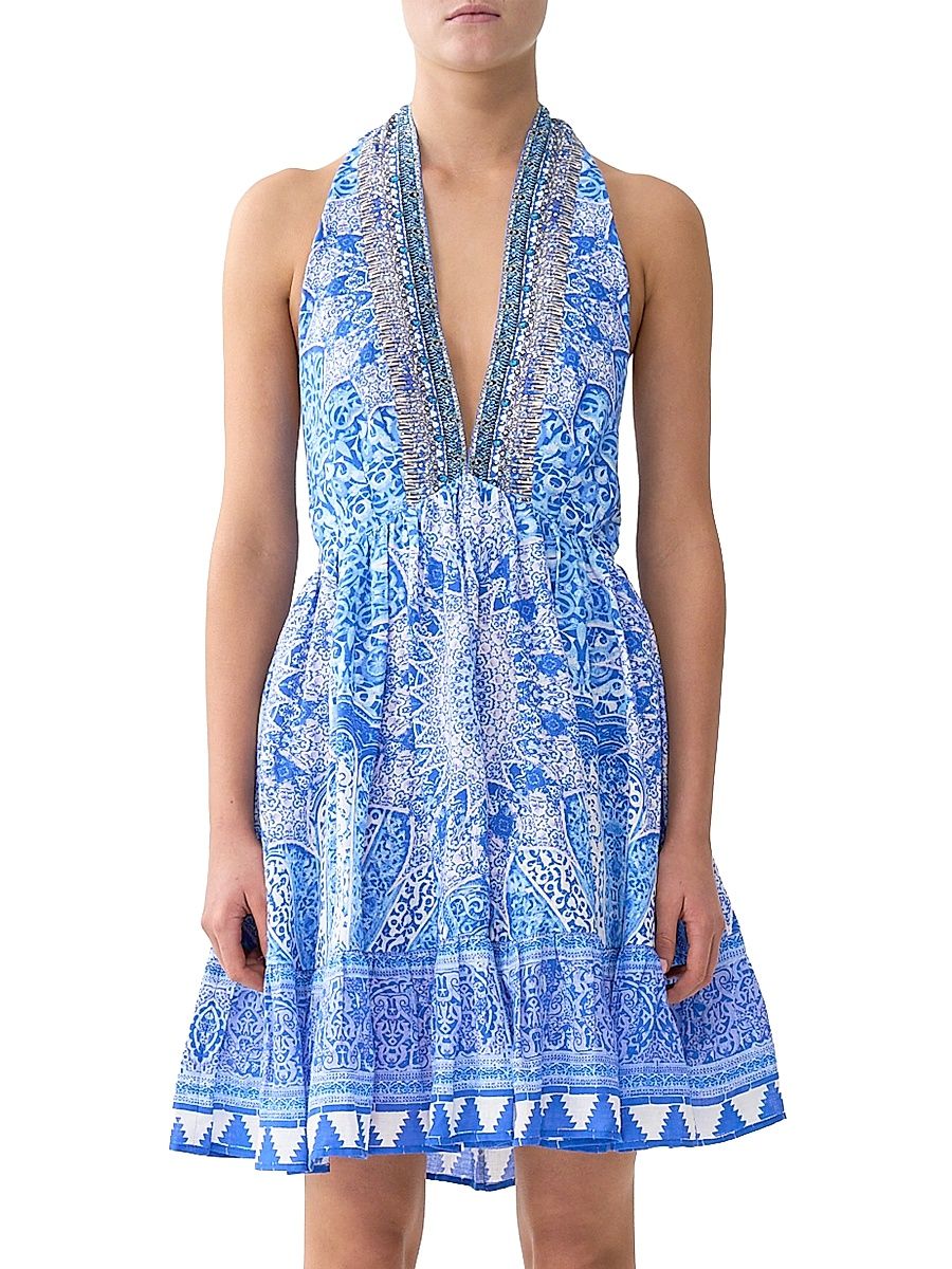 Women's Printed Linen Ruffle-Hem Halter Minidress - Blue Multi - Size Medium