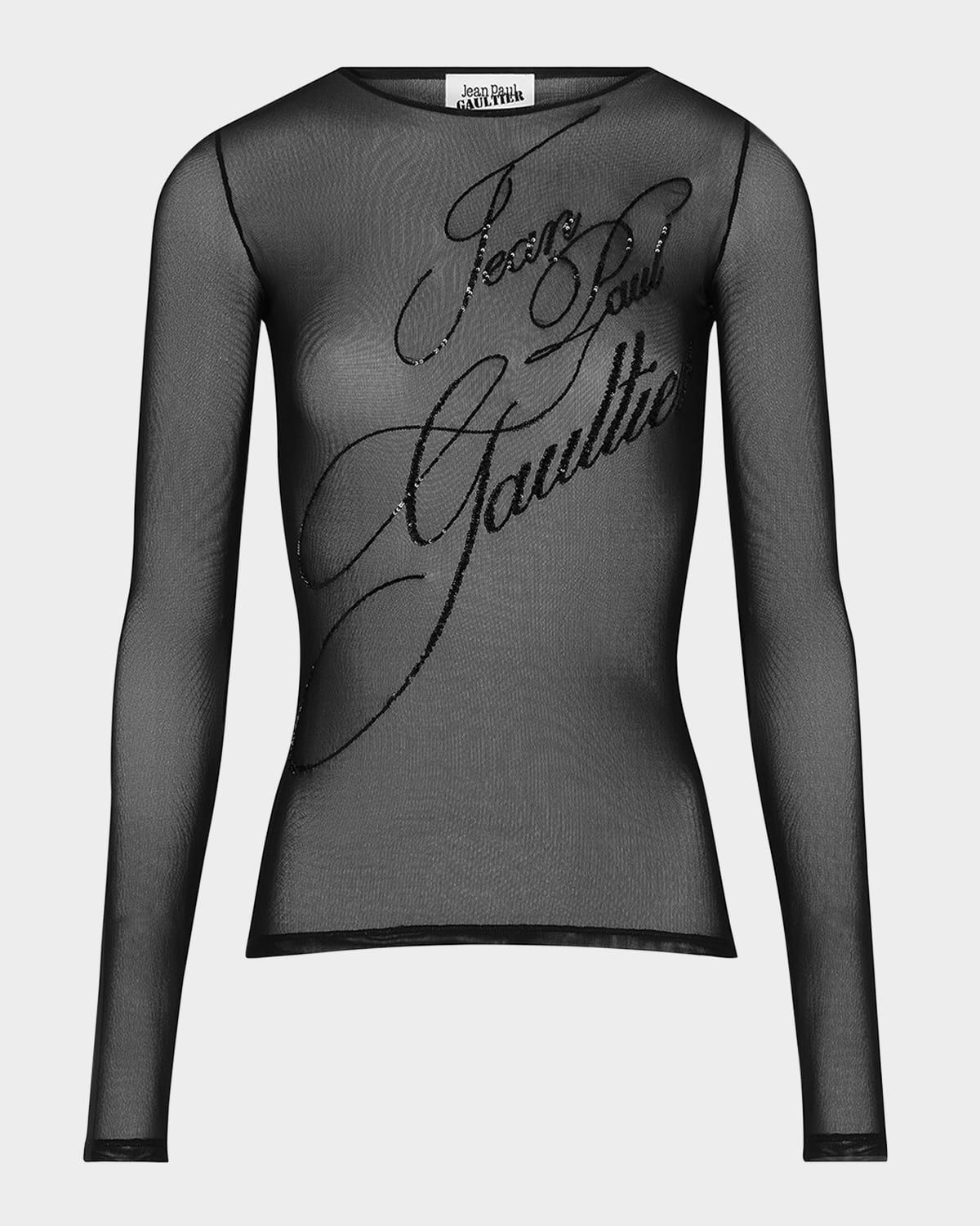 Sequined Signature Mesh Long-Sleeve Top