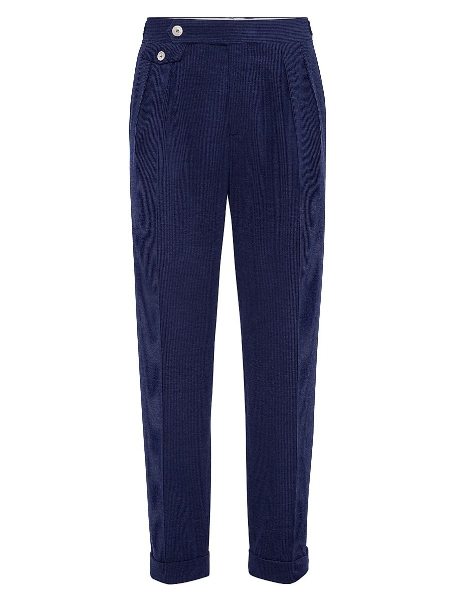 Men's Wool Blend Corduroy Tailor Fit Trousers with Double Pleats - Sapphire - Size 46