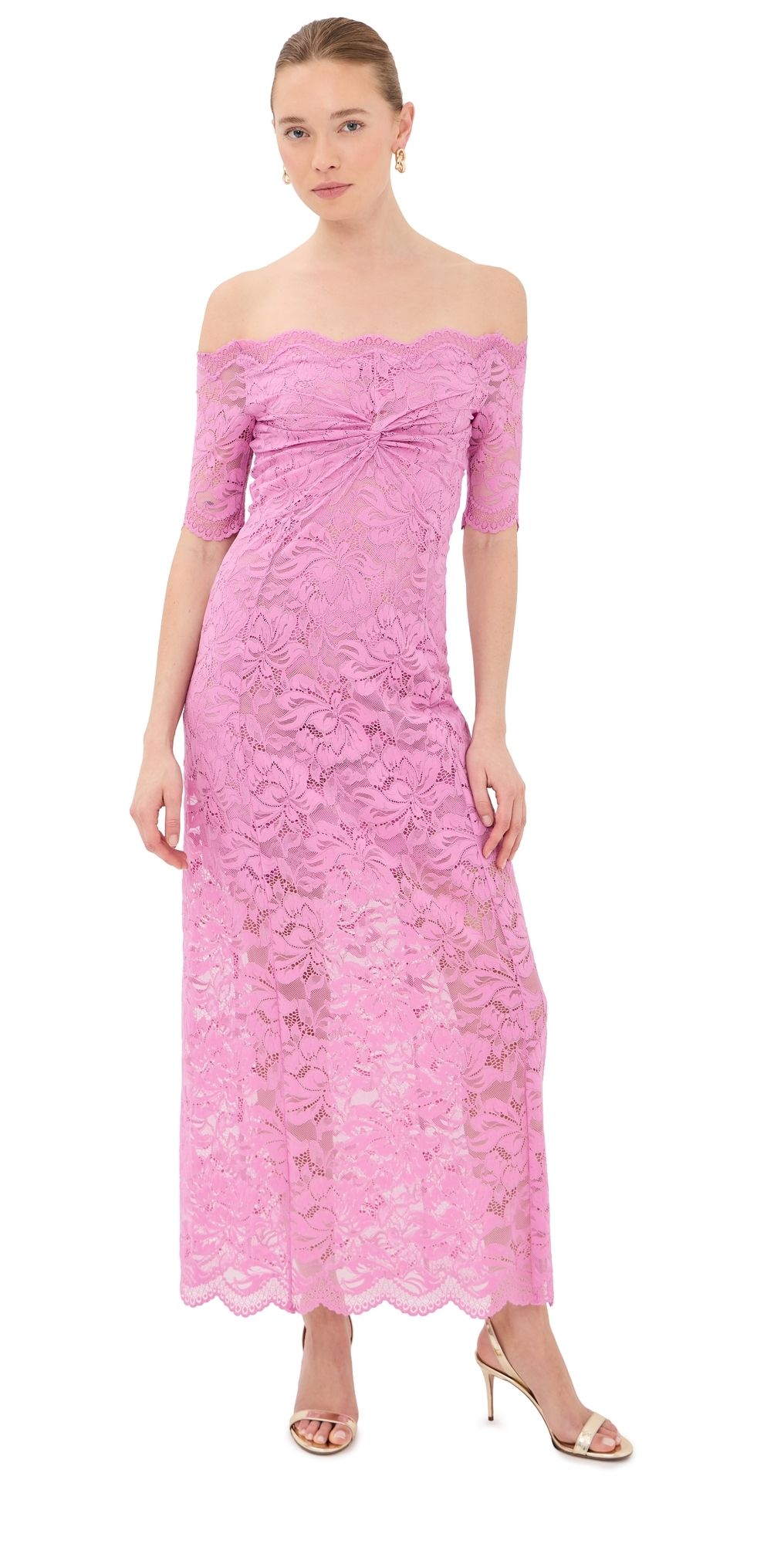 rabanne Long Dress In Lace Camelia Pink 38