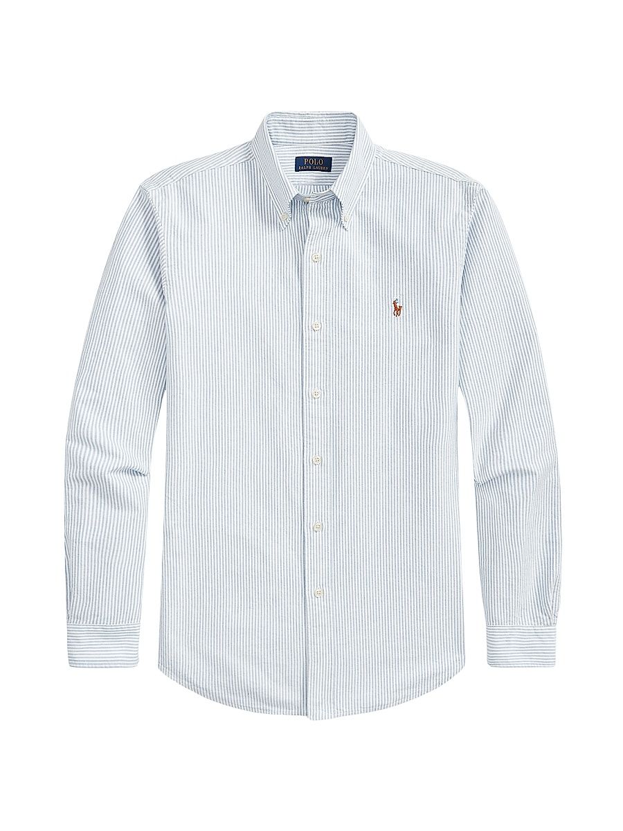 Men's Striped Cotton Custom-Fit Oxford Shirt - Blue White Stripe - Size Medium