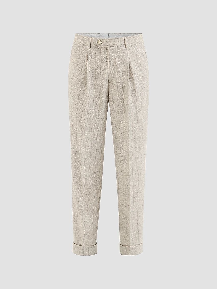 Men's Striped Cashmere and Silk Diagonal Flannel Trousers - Beige - Size 46