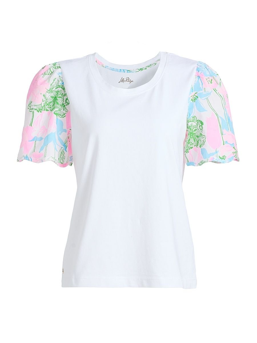 Women's Brittan Floral Cotton Puff-Sleeve Top - Resort White Viney Liney - Size XL