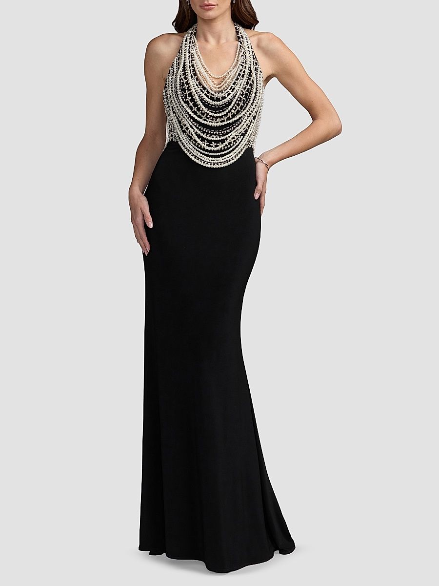 Women's Beaded Jersey Halterneck Sleeveless Gown - Black - Size 14