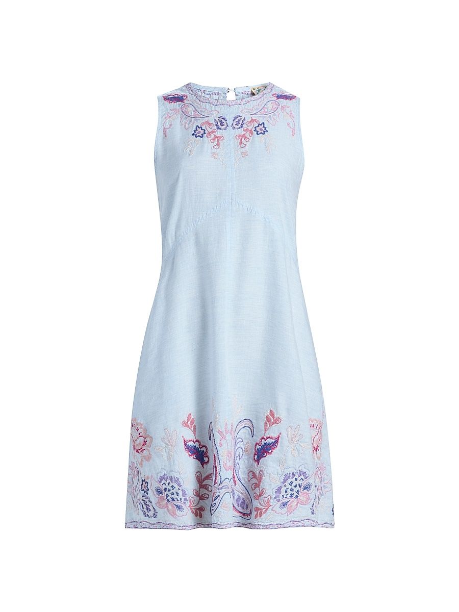 Women's Chevron Cleolia Embroidered Paisley Linen-Blend Minidress - Blue Slub Linen - Size XXL