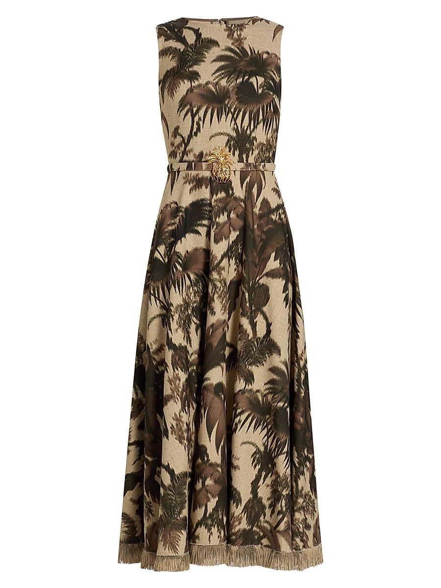 Women's Palm Crepe De Chine Midi-Dress - Espresso Ivory - Size 12