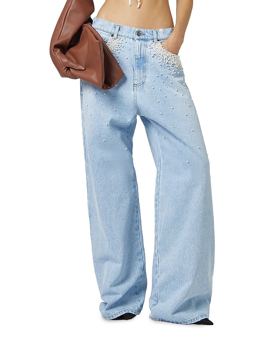 Women's Act II: The Fall of Icarus Imitation Pearl-Embellished Wide-Leg Jeans - Light Blue - Size 28