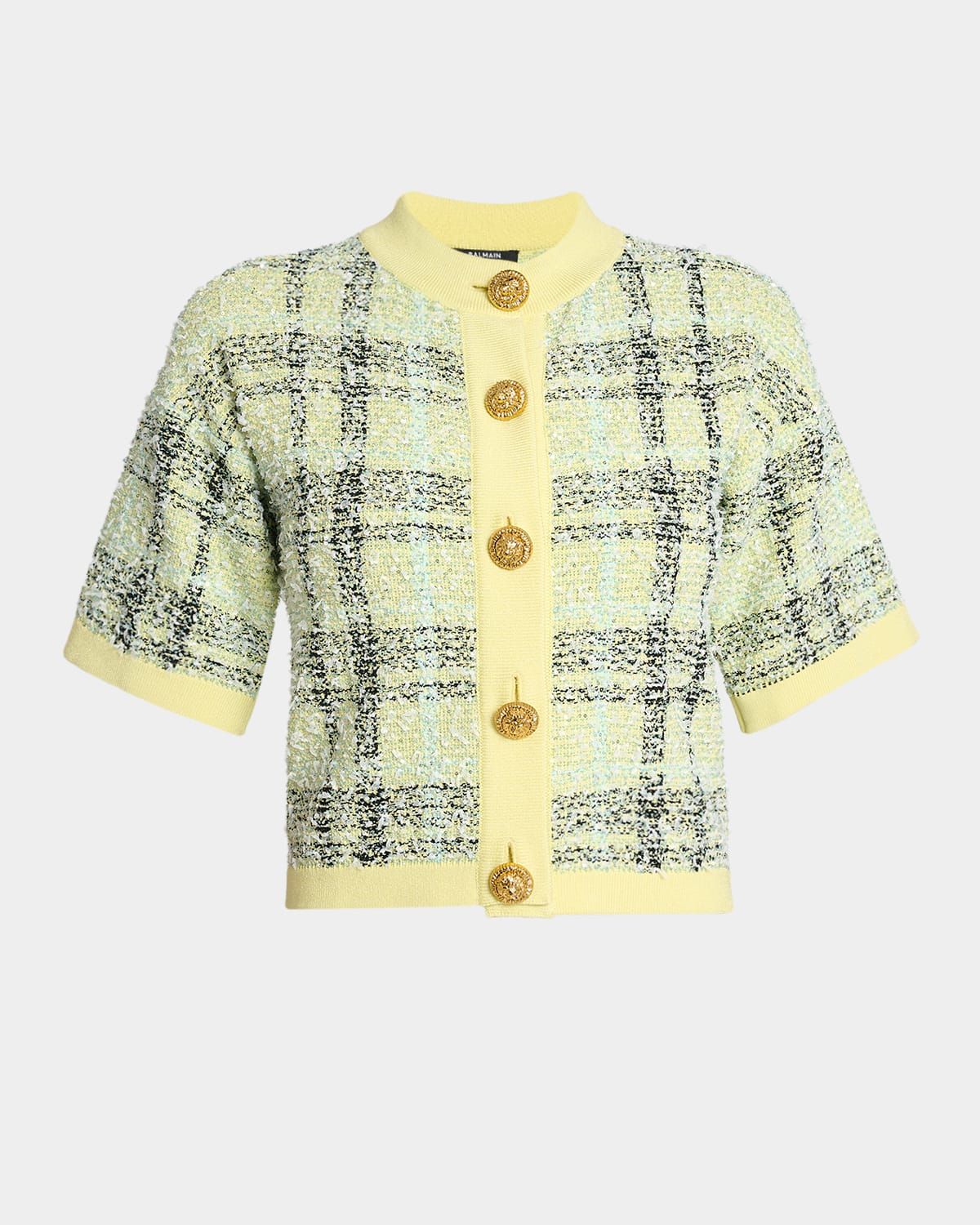 Paillette Check Tweed Short-Sleeve Cardigan
