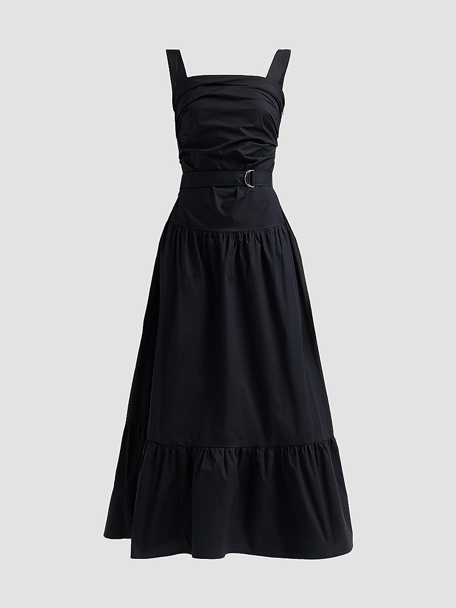 Proenza Schouler White Label Women's Natalie Stretch-Cotton Tie-Waist A-Line Midi Dress - Black - Size 12