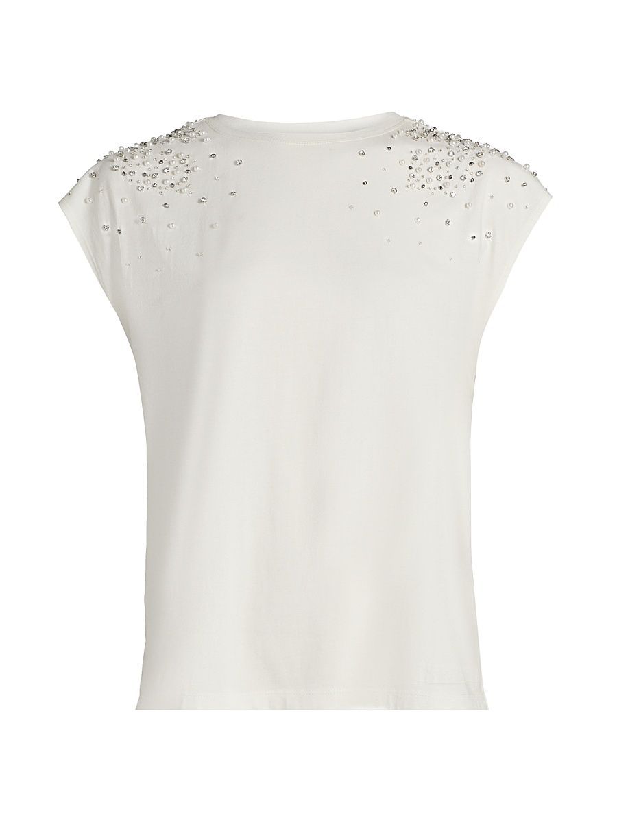 Women's Amelia Faux-Pearl-Embellished Stretch-Cotton T-Shirt - White - Size XL