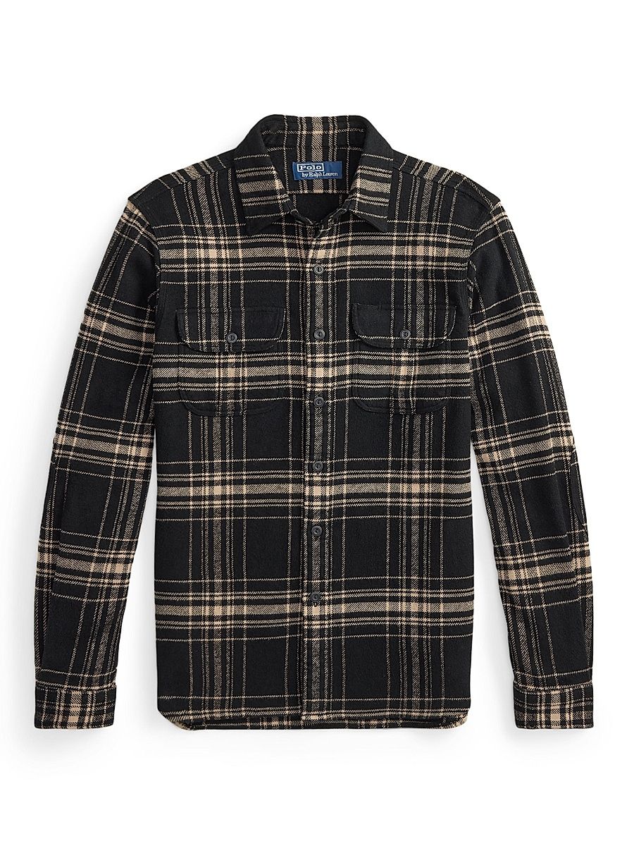 Men's Plaid Two-Sided Brushed Flannel Shirt - Black Cream - Size XS