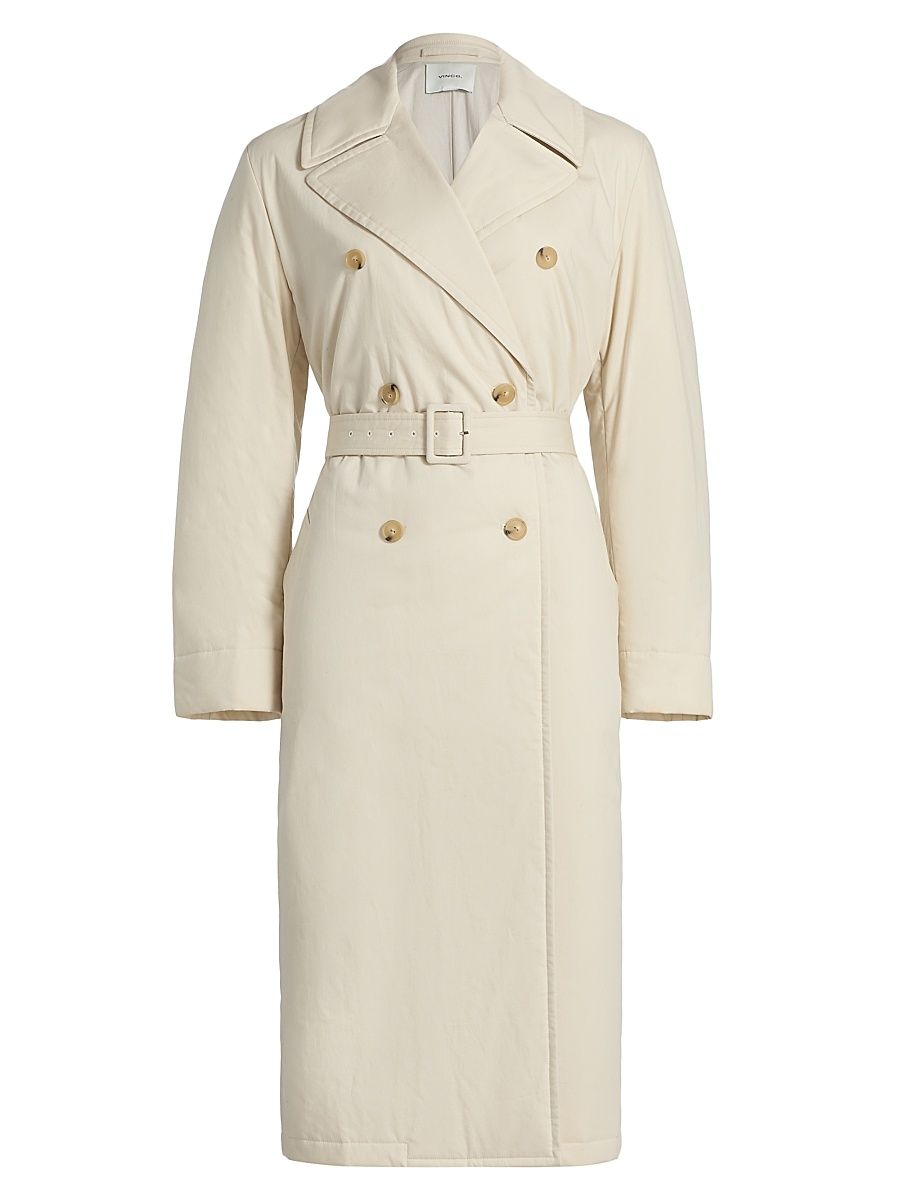 Women's Padded Tie-Waist Cotton Trench Coat - White Tea - Size XS