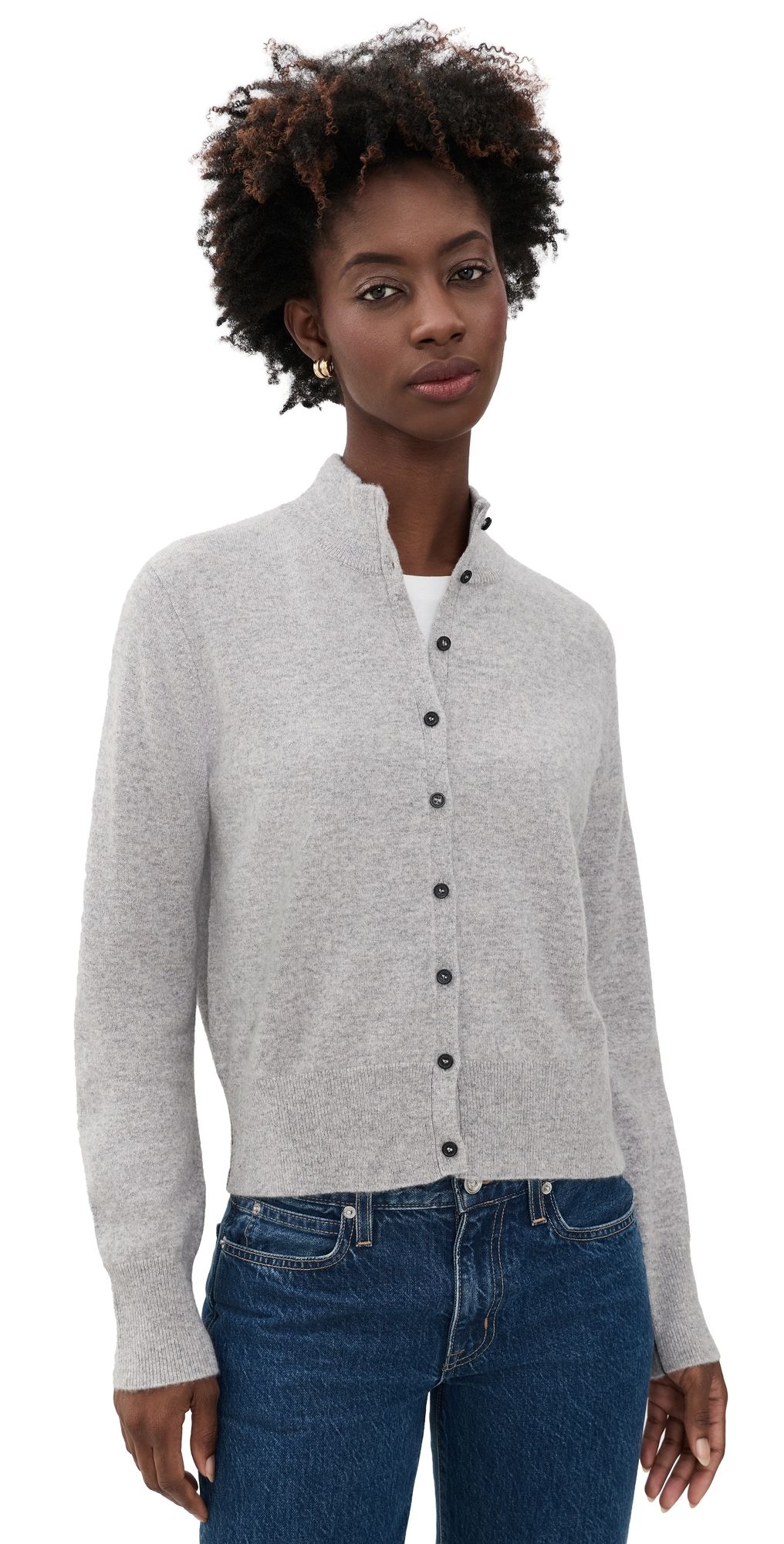 White & Warren Cashmere High Neck Cardigan Grey Heather S