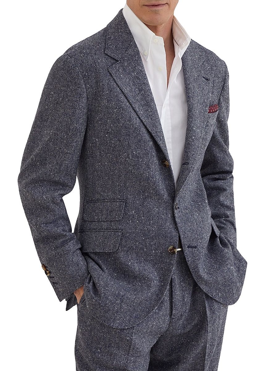 Men's Wool and Cashmere Flecked Chevron Deconstructed Cavallo Blazer - Grey Blue - Size 42