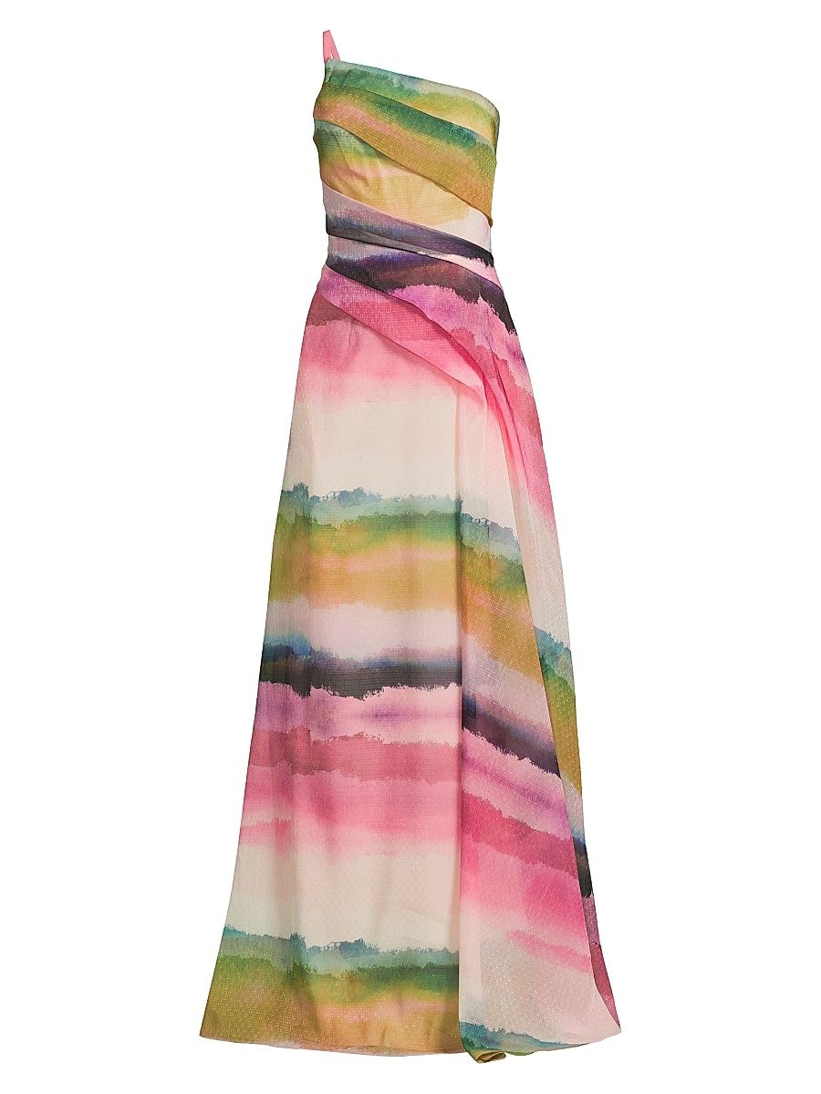 Women's Ombré Stripe Organza One-Shoulder Gown - Pink Coral Multi - Size 0