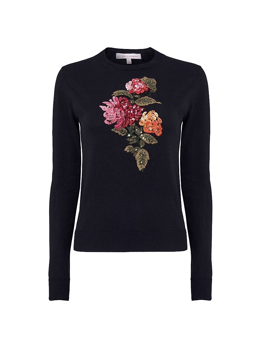 Women's Sequined Chrysanthemum-Embroidered Silk-Cotton Sweater - Black Multi - Size Large