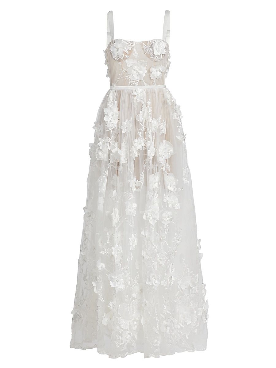 Women's Anastasia Floral Appliqué Gown - White - Size Medium