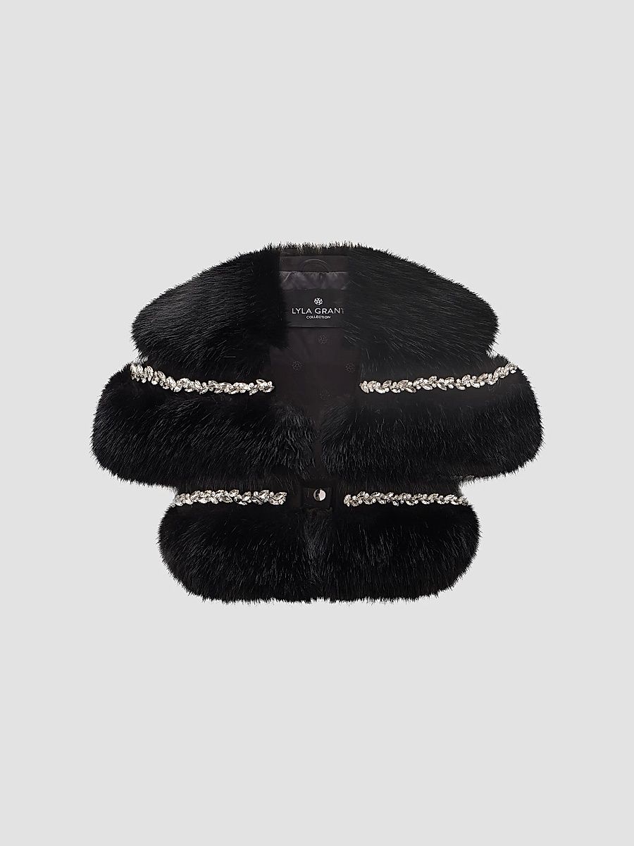 Lyla Grant Women's Fur-Free Fox (Faux Fur) Stole With Rhinestone Inserts - Black